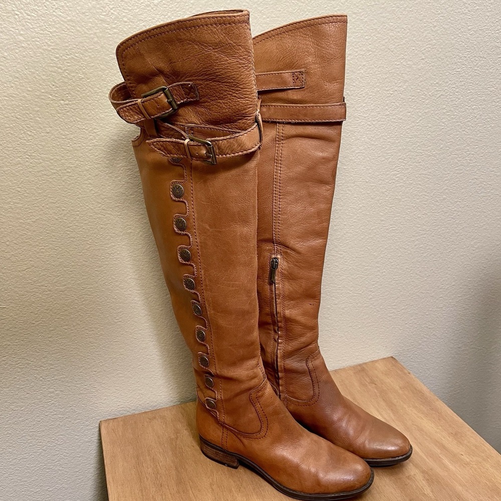 Sam Edelman Pierce Brown Leather Over The Knee Riding Boots Zipper Buckles Sz 6
